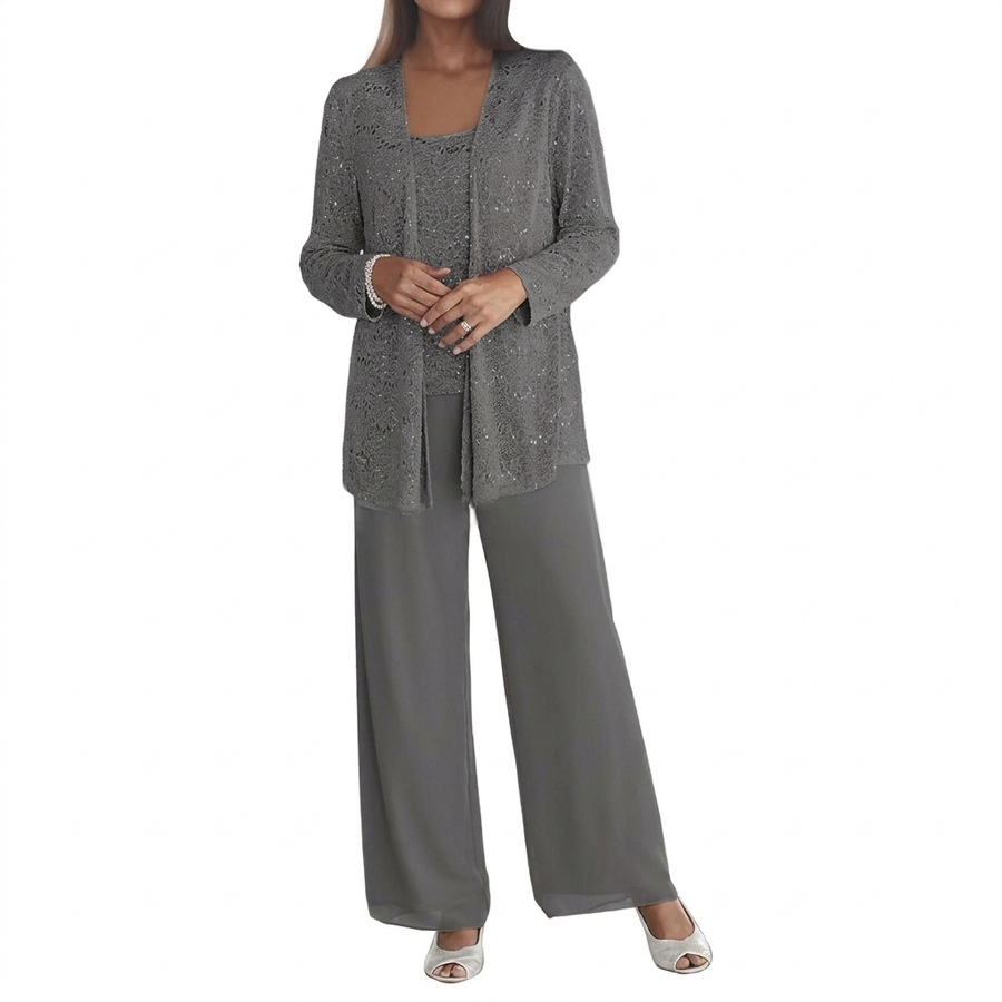 Damen 3-teiliges Set Pailletten Cardigan Top Weite Hosen Party Outfit