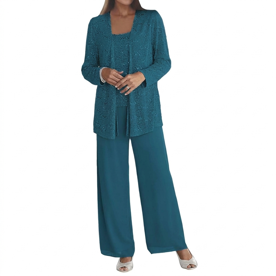 Damen 3-teiliges Set Pailletten Cardigan Top Weite Hosen Party Outfit