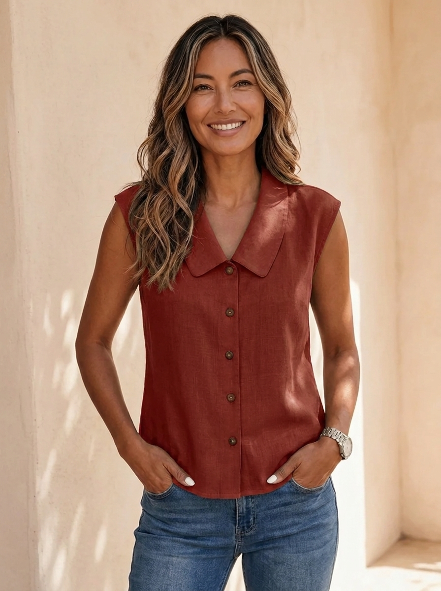 Damesblouse zonder mouwen met ronde hals en knoopsluiting