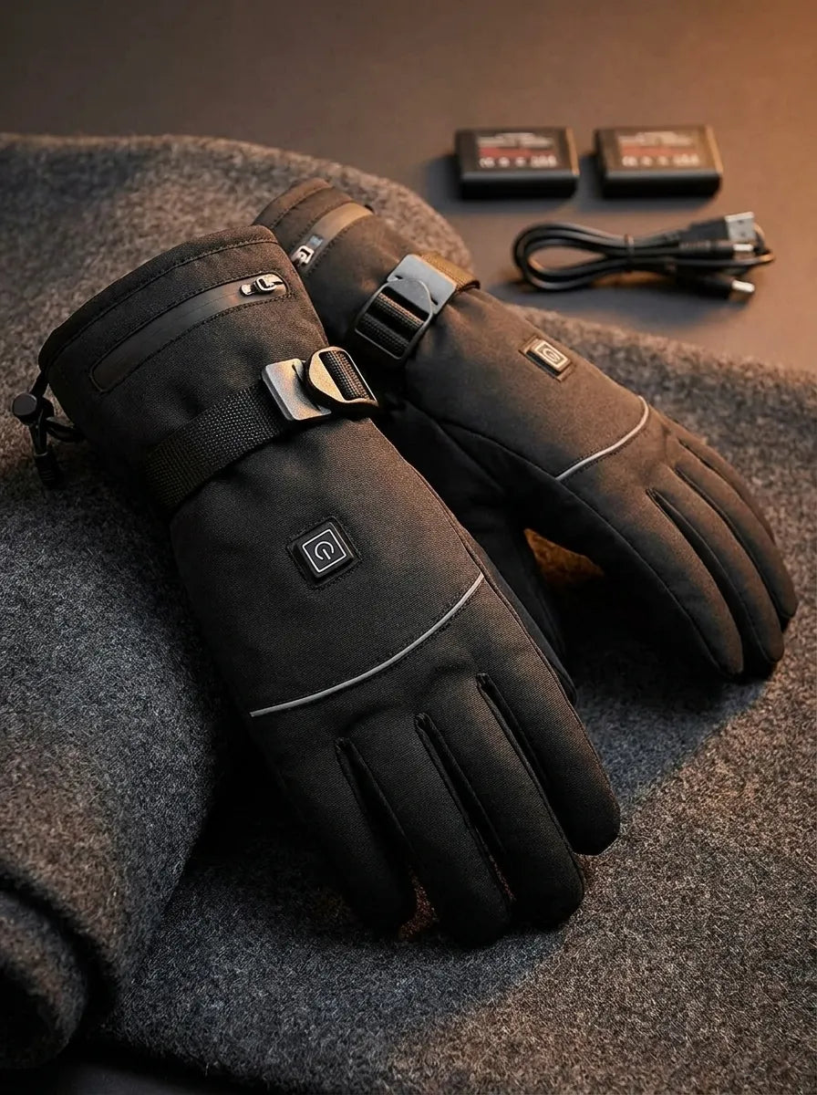 Beheizte Winterhandschuhe Schwarz mit Klettverschluss und USB-Ladeanschluss