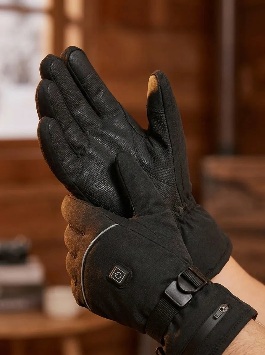 Beheizte Winterhandschuhe Schwarz mit Klettverschluss und USB-Ladeanschluss