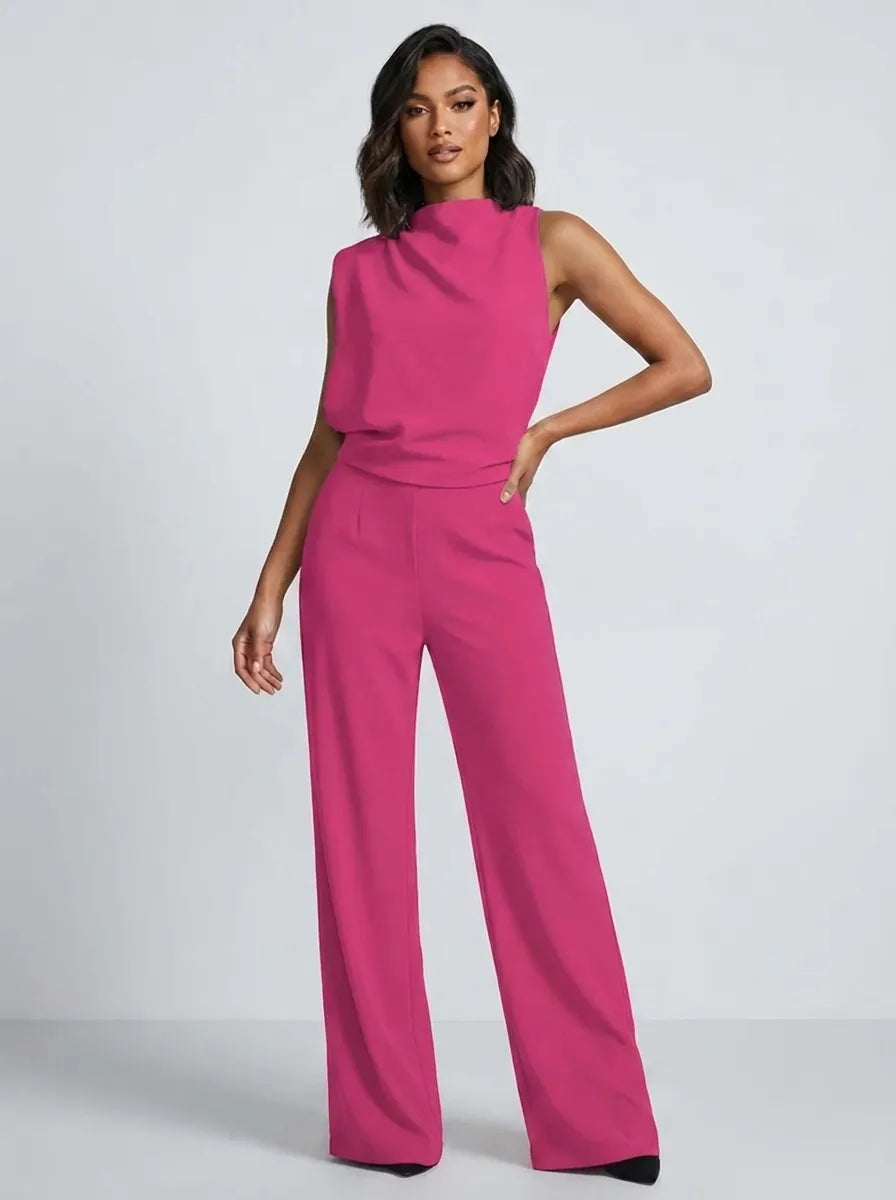 Dames jumpsuit zonder mouwen met watervalausschnitt en wijde pijpen
