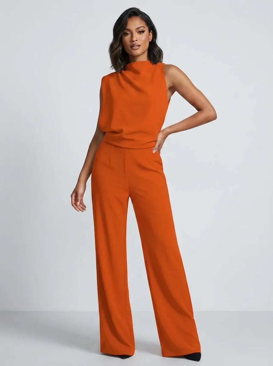 Dames jumpsuit zonder mouwen met watervalausschnitt en wijde pijpen
