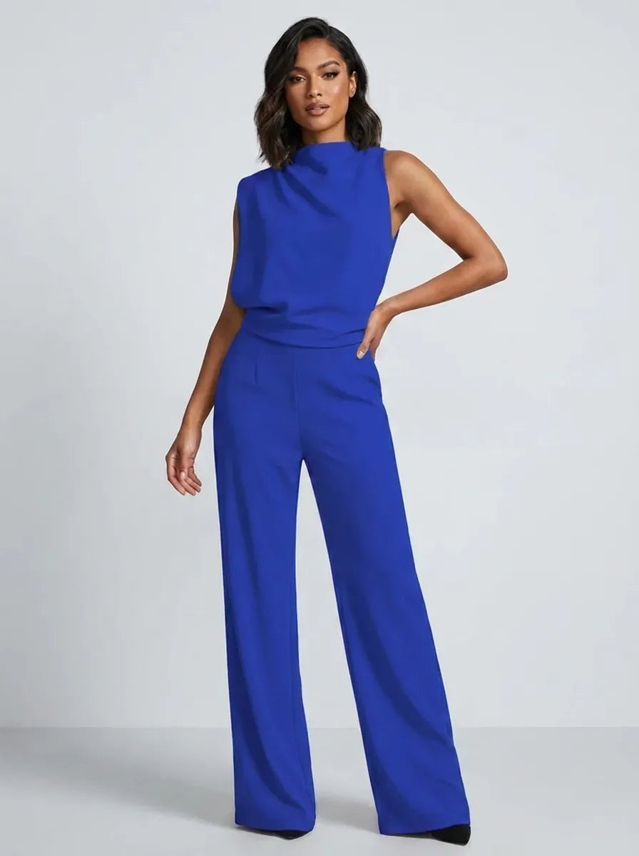 Dames jumpsuit zonder mouwen met watervalausschnitt en wijde pijpen