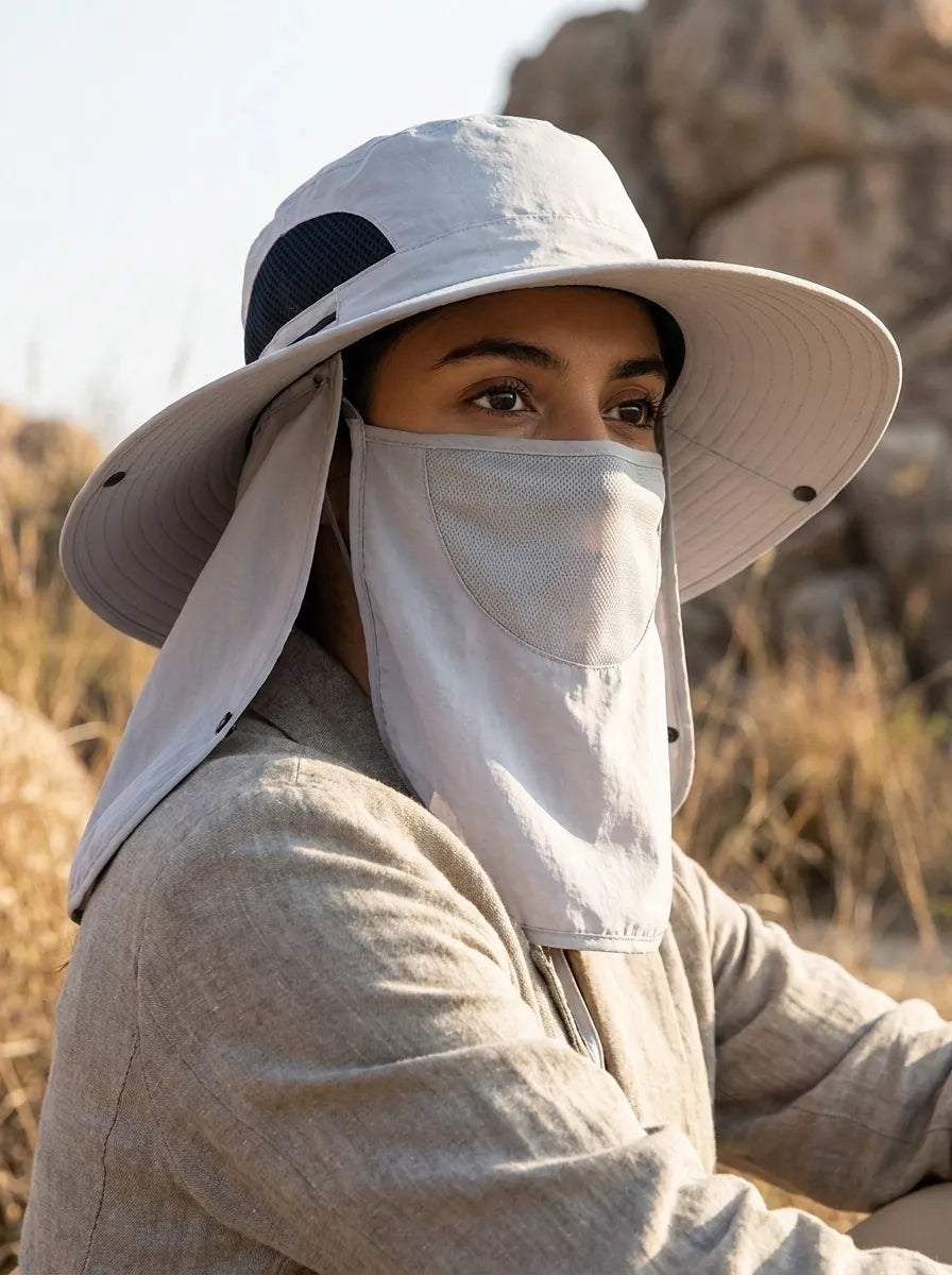Unisex Sonnenhut mit Nackenschutz und Gesichtsmaske, breiter Krempe und Belüftung