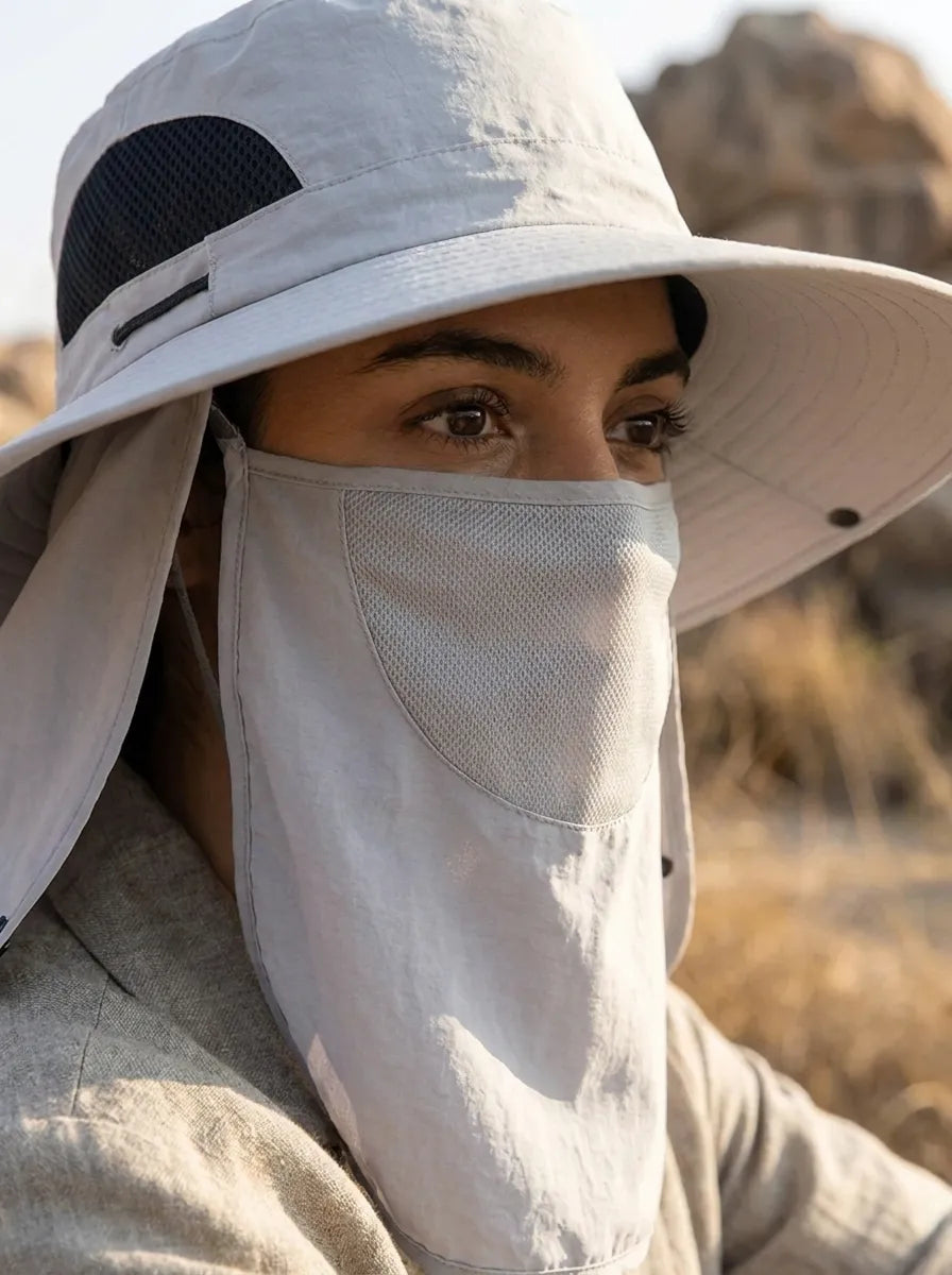 Unisex Sonnenhut mit Nackenschutz und Gesichtsmaske, breiter Krempe und Belüftung