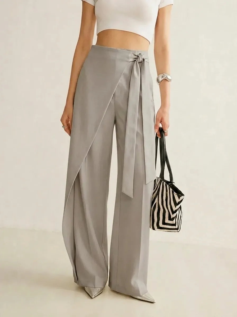 Damen Wickelhose Weites Bein mit Bindegürtel Elegante High-Waist-Hose