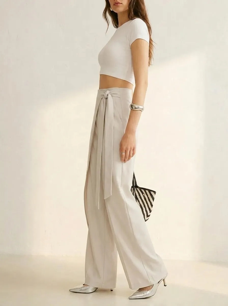 Damen Wickelhose Weites Bein mit Bindegürtel Elegante High-Waist-Hose