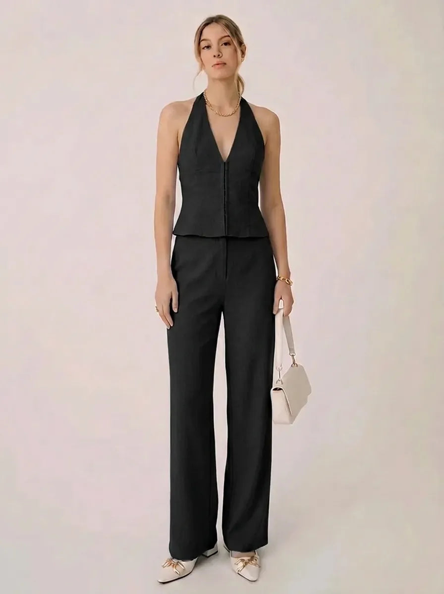 Damen Neckholder Top & Weite Hose Zweiteiler Set