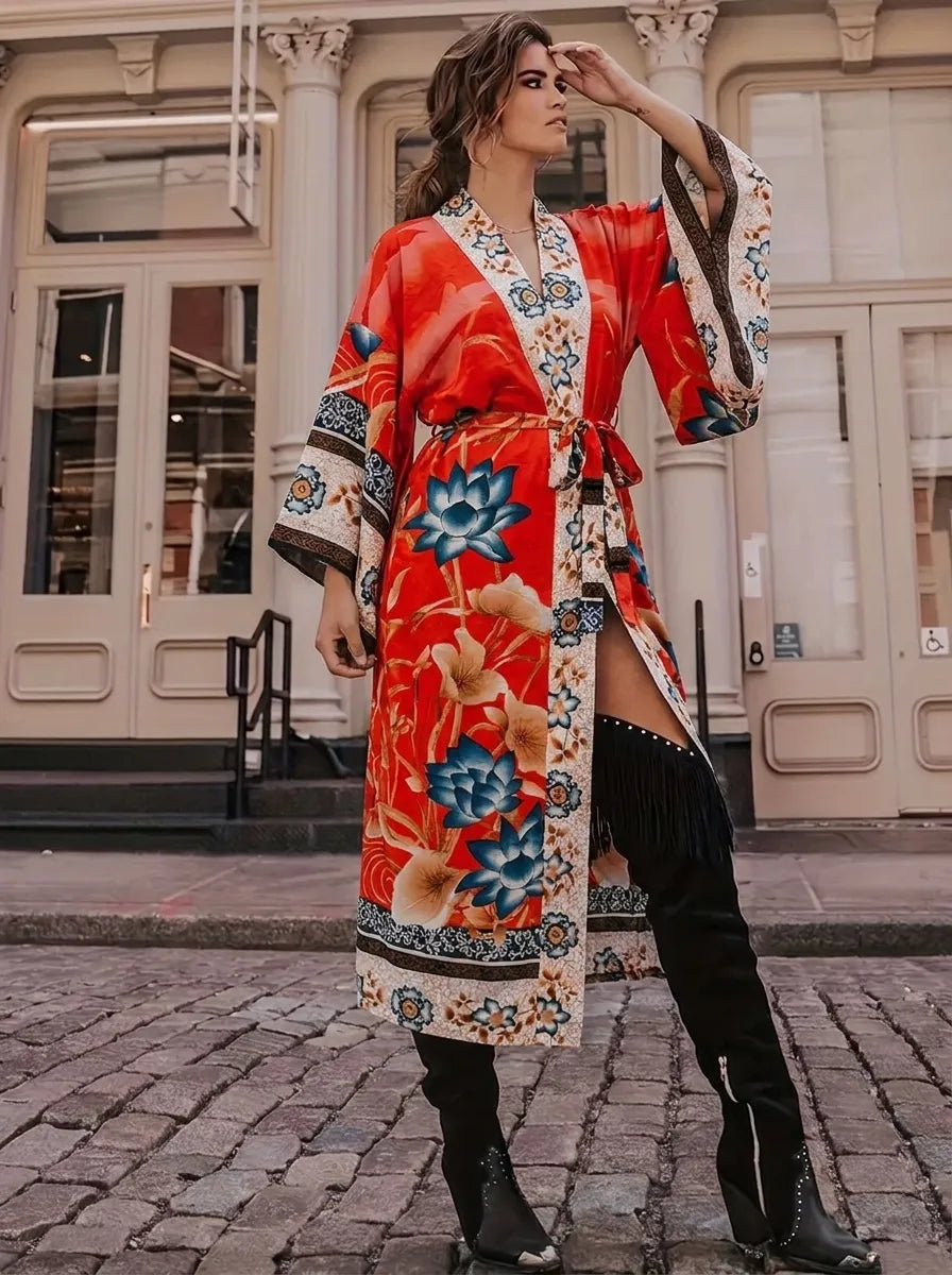 Damen Kimono-Robe mit floralem Muster und Bindegürtel