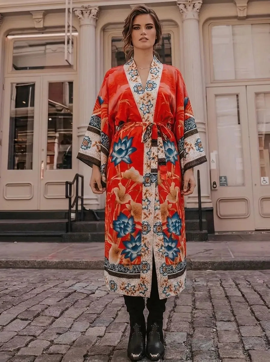 Damen Kimono-Robe mit floralem Muster und Bindegürtel