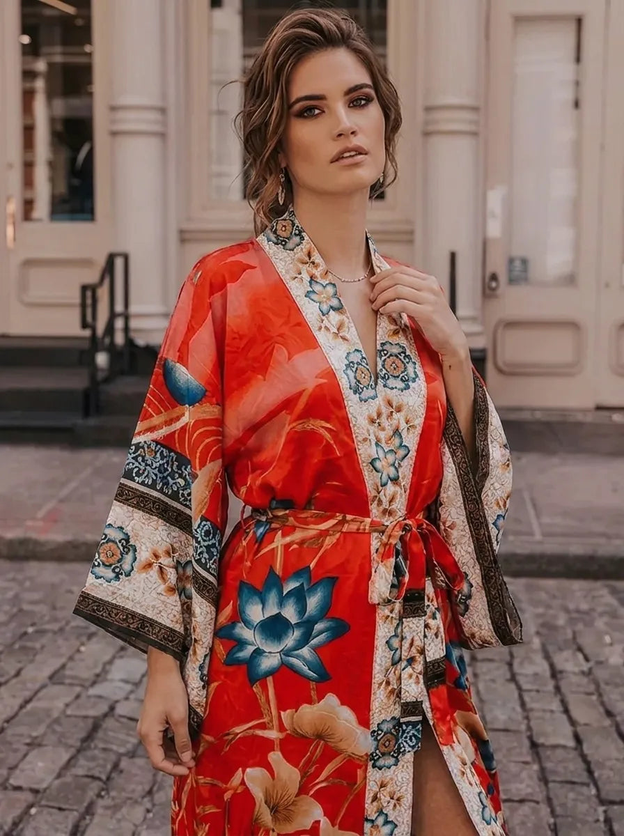 Damen Kimono-Robe mit floralem Muster und Bindegürtel