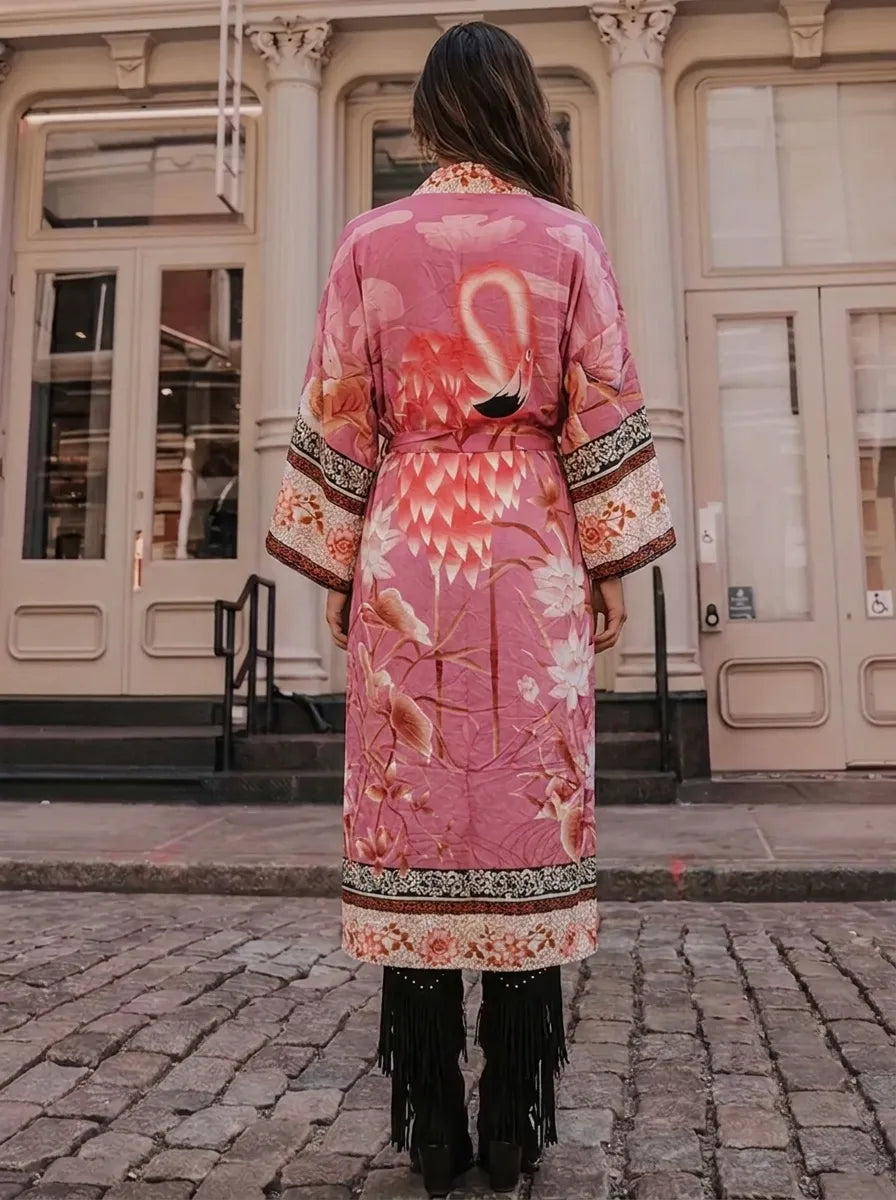 Damen Kimono-Robe mit floralem Muster und Bindegürtel