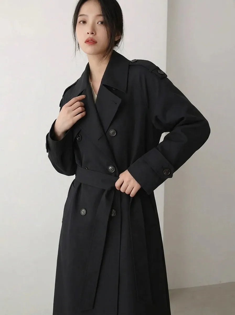 Eleganter Damen Trenchcoat Lang Zweireihig mit Gürtel Schwarz