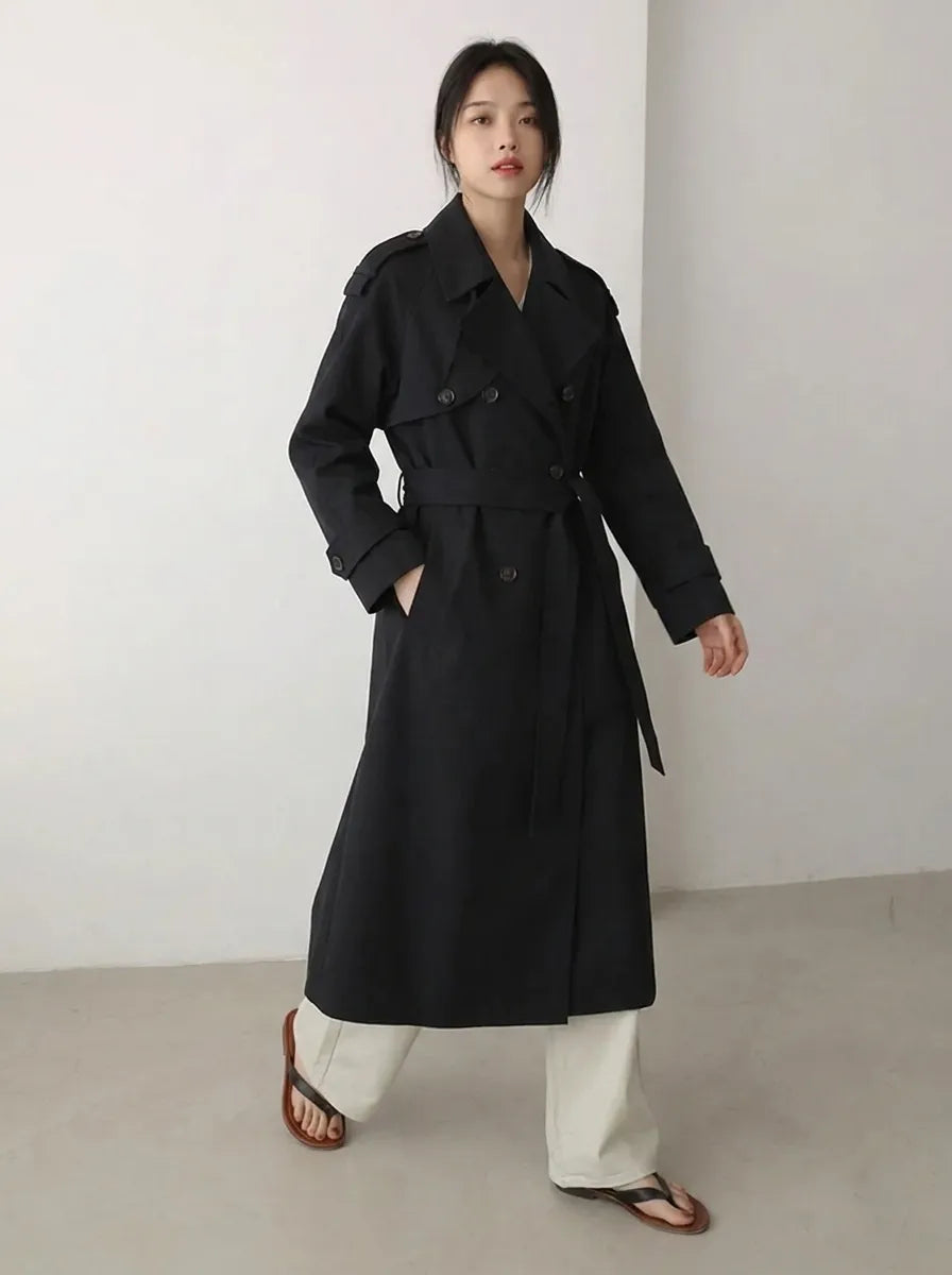 Eleganter Damen Trenchcoat Lang Zweireihig mit Gürtel Schwarz