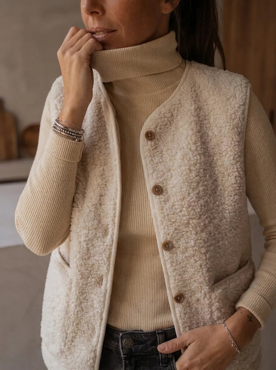 Beige damesbodywarmer van teddyfleece met knopen en zakken