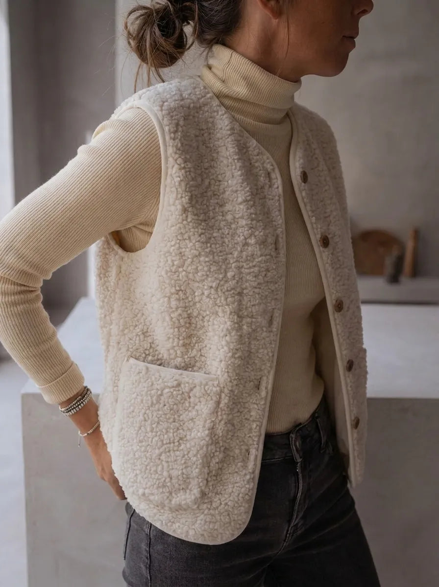 Beige damesbodywarmer van teddyfleece met knopen en zakken