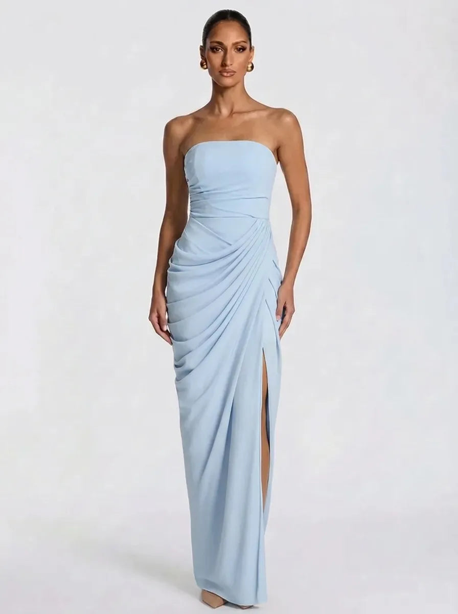 Dames strapless avondjurk, maxi-jurk met gerimpelde details en split