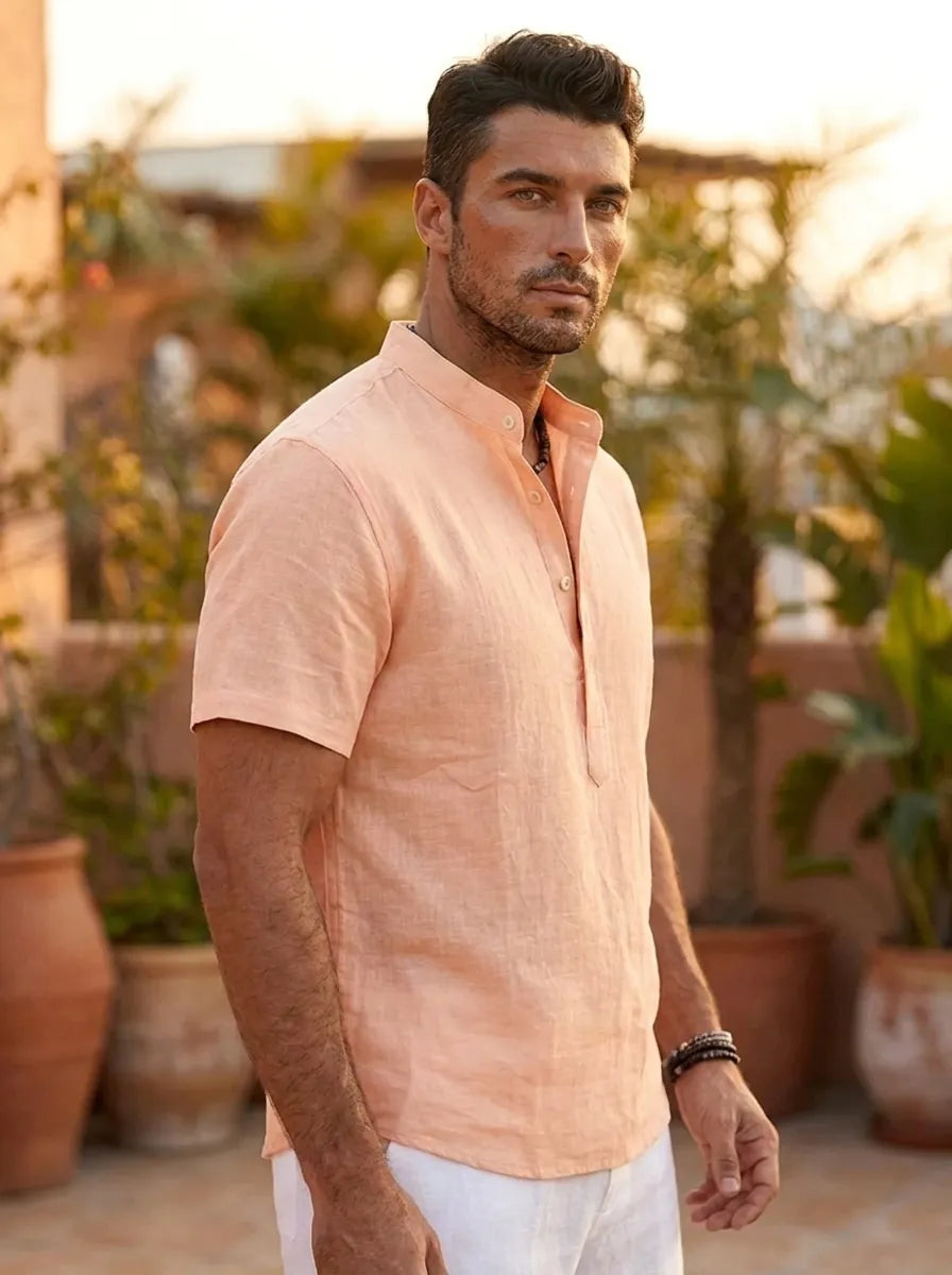 Heren Henley-shirt met korte mouwen, opstaande kraag en knoopsluiting, casual shirt