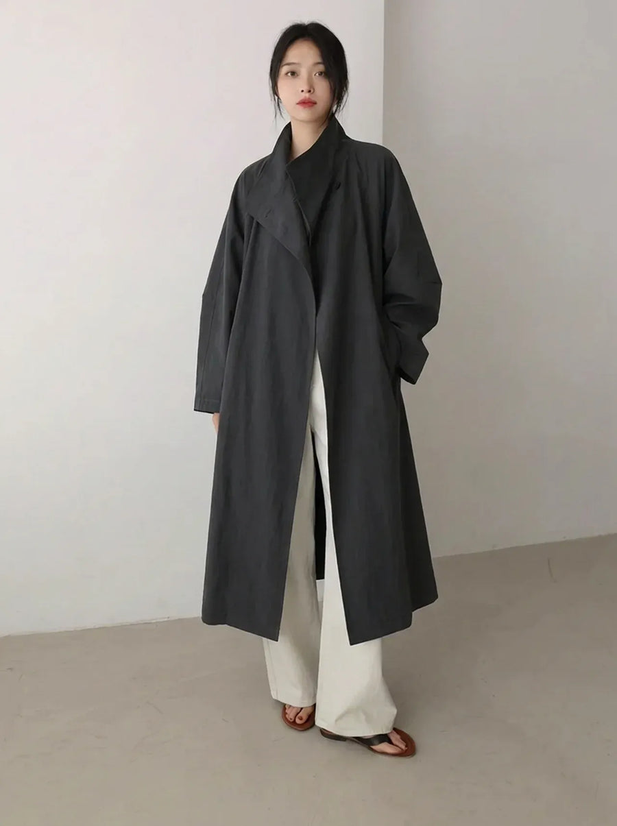 Eleganter Damen Trenchcoat Lang Zweireihig mit Gürtel Schwarz