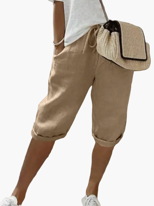 Damen Caprihose Leinen-Look mit Kordelzug & Umschlagbund