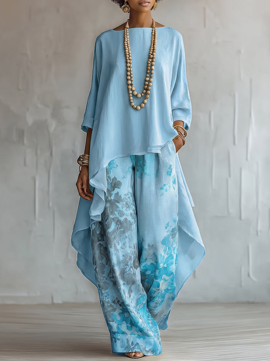 Damespak uit 2 delen: tuniek met asymmetrische zoom & wijde broek met bloemenpatroon