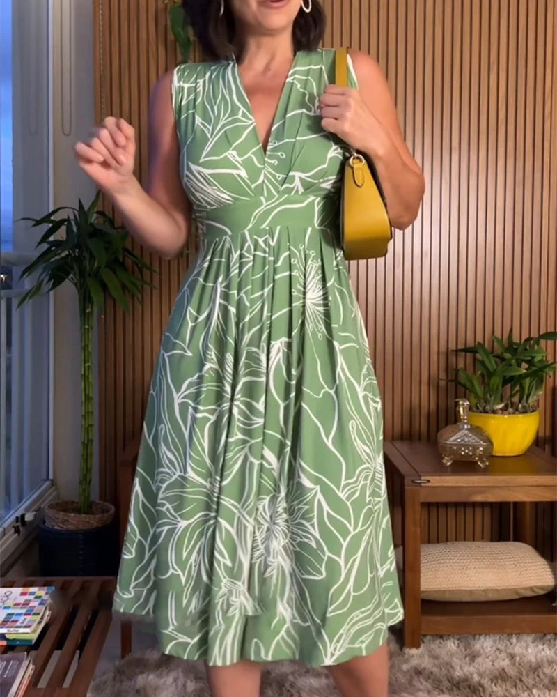 Damen Ärmelloses Midi-Kleid mit V-Ausschnitt und floralem Muster