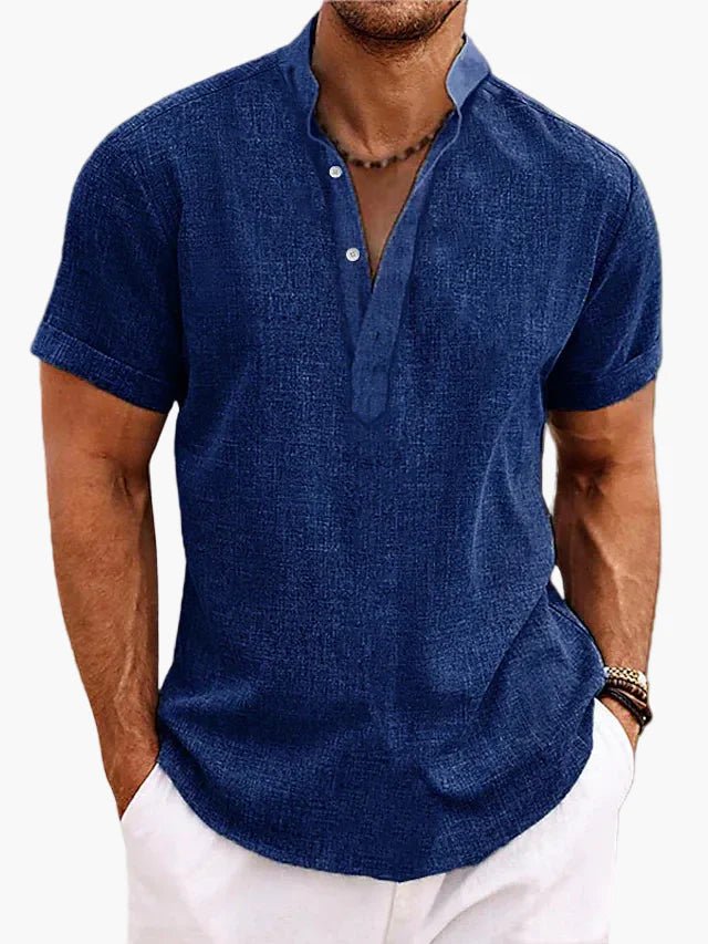 Herren Sommer Veganes Leinenhemd Kurzarm Henley für Freizeit und Urlaub
