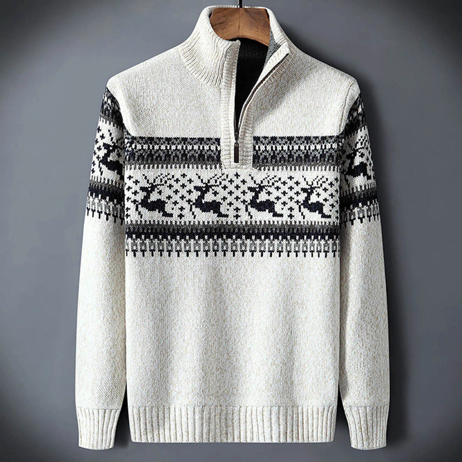 Herren Strickpullover Norweger Muster Reißverschluss Stehkragen