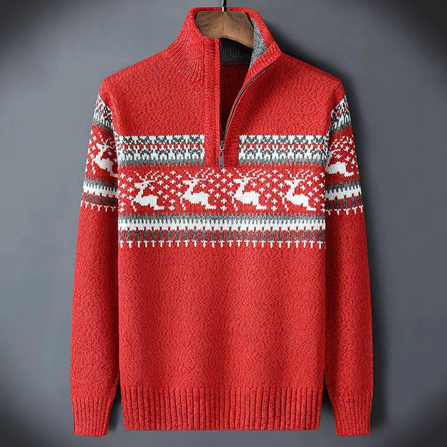 Herren Strickpullover Norweger Muster Reißverschluss Stehkragen