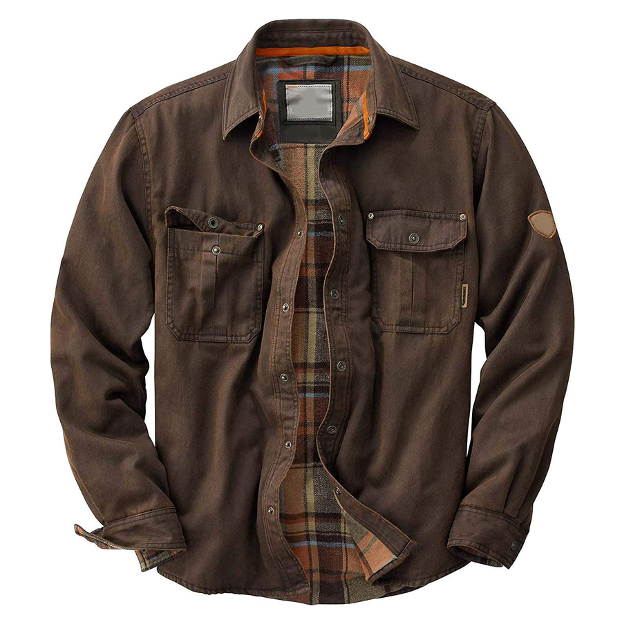 Herren Hemdjacke Braun Kariert Gefüttert Langarm Outdoor
