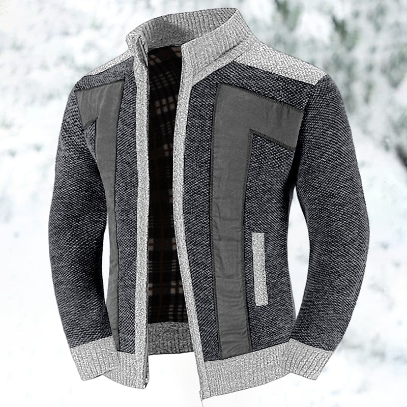 Herren Strickjacke Reißverschluss Stehkragen mit Kontrast-Einsätzen