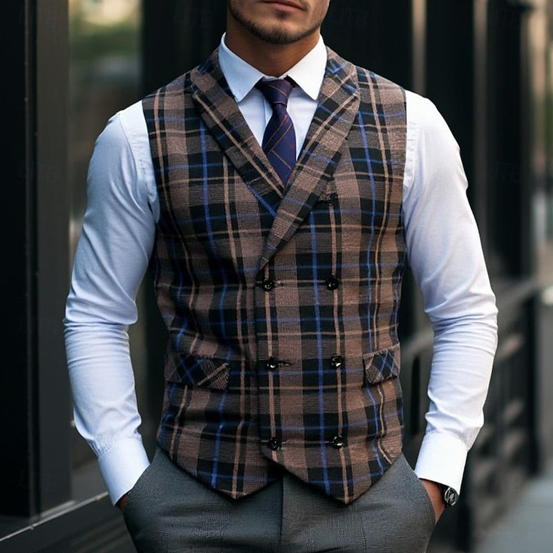 Herren Karierte Weste Doppelt Knopfleiste V-Ausschnitt Slim Fit