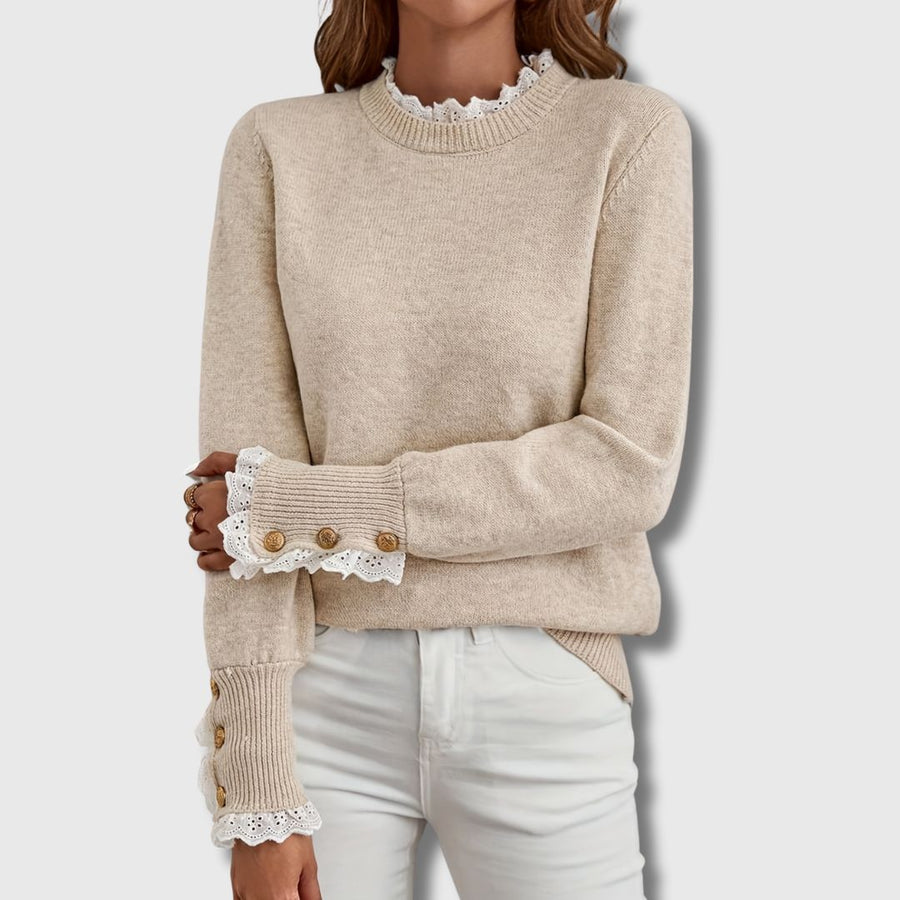 Damen Pullover Beige Feinstrick mit Rüschenkragen & Knopfdetails