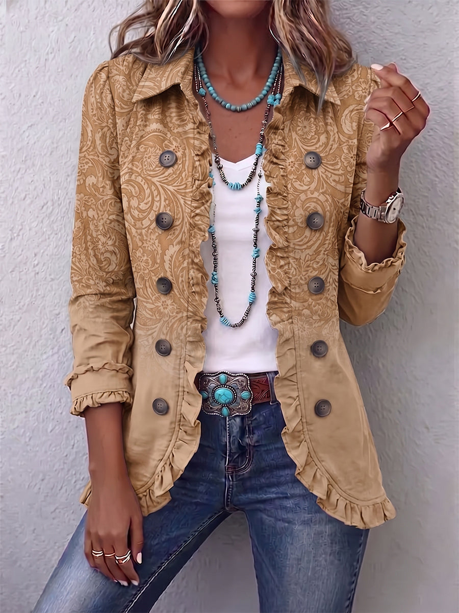 Damesjack met ruches in khaki, knoopsluiting en paisleymotief