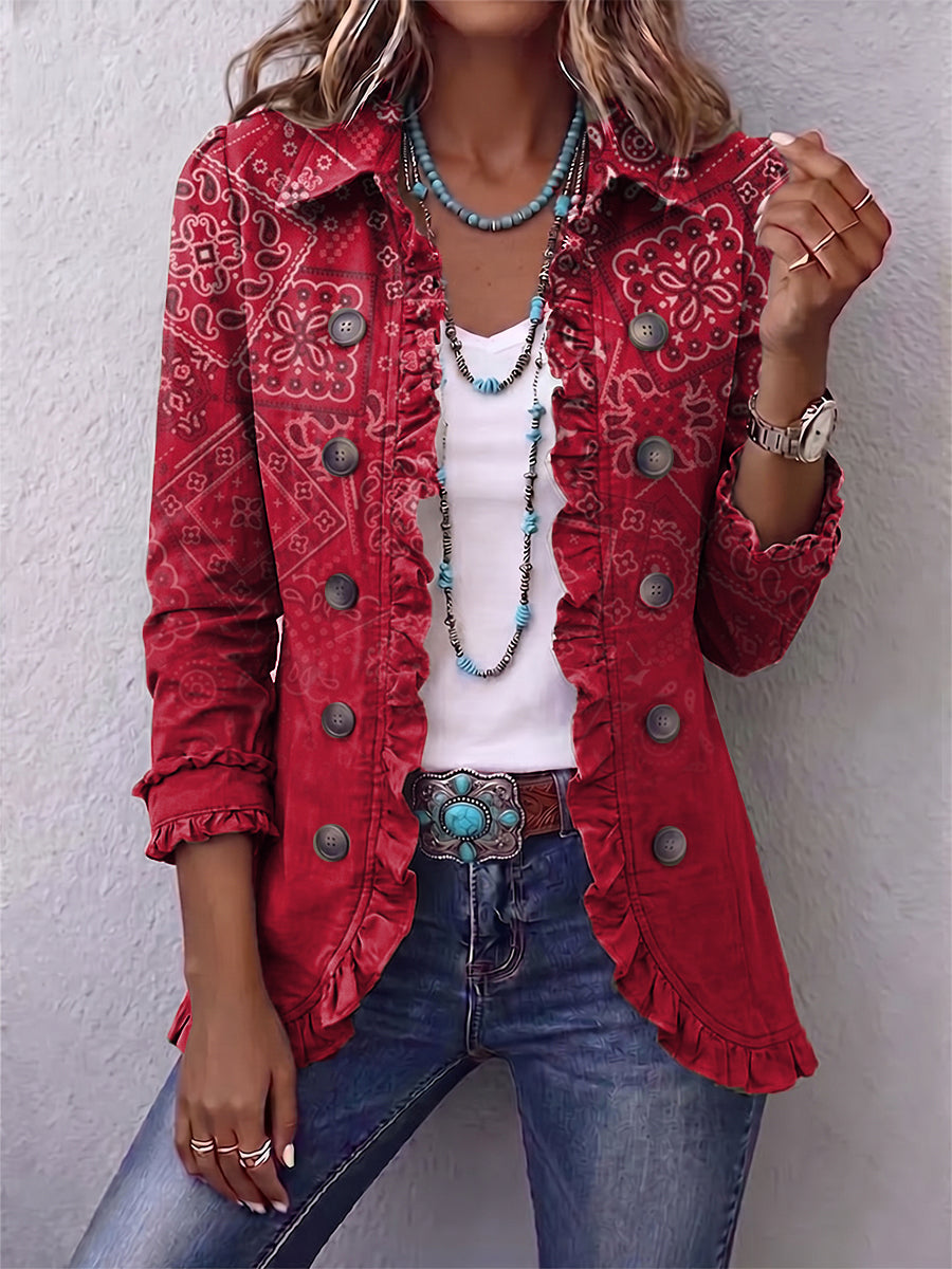 Damen Jacke mit Rüschen und Paisley-Muster Rot