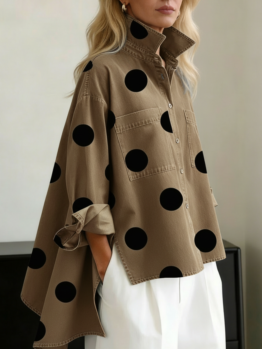 Oversized Hemdbluse mit Polka Dots Stehkragen und Taschen