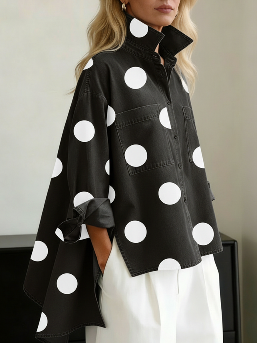 Oversized Hemdbluse mit Polka Dots Stehkragen und Taschen