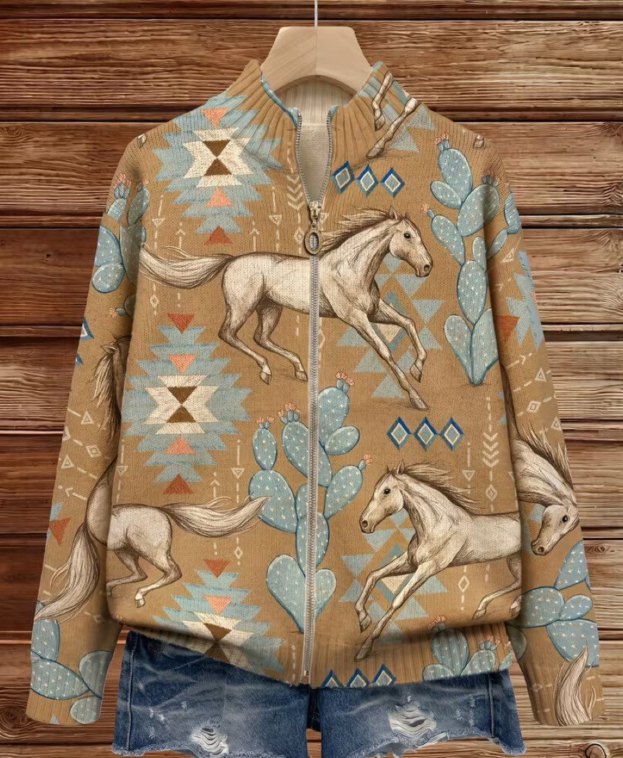 Damen Bomberjacke mit Pferde- & Kaktus-Print, Reißverschluss