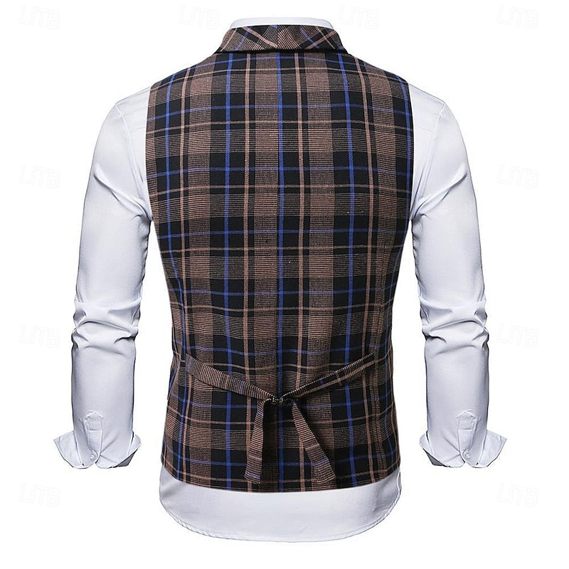 Herren Karierte Weste Doppelt Knopfleiste V-Ausschnitt Slim Fit
