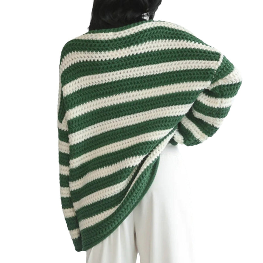 Gestreepte gehaakte oversized damestrui met ronde hals