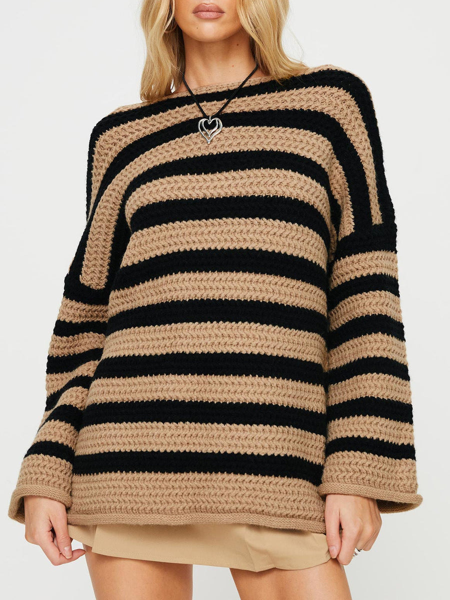 Gestreepte gehaakte oversized damestrui met ronde hals