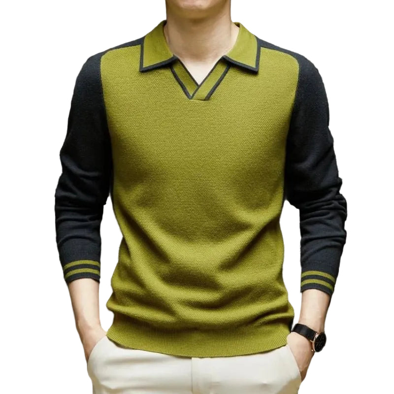 Herren Langarm Polohemd Zweifarbig Strick Optik