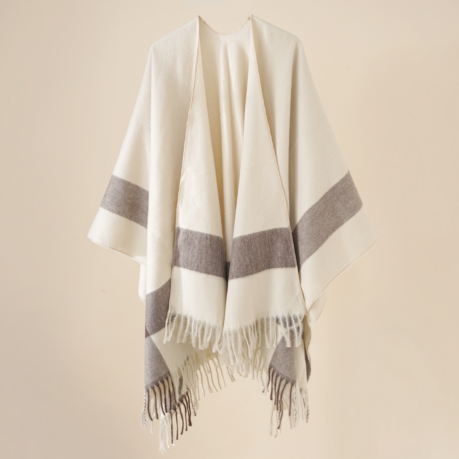 Poncho Umhang mit Fransen und Streifenmuster für Damen, Einheitsgröße