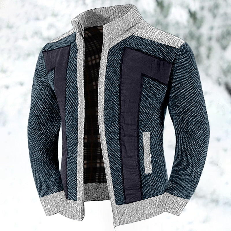 Herren Strickjacke Reißverschluss Stehkragen mit Kontrast-Einsätzen