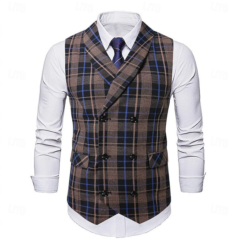 Herren Karierte Weste Doppelt Knopfleiste V-Ausschnitt Slim Fit