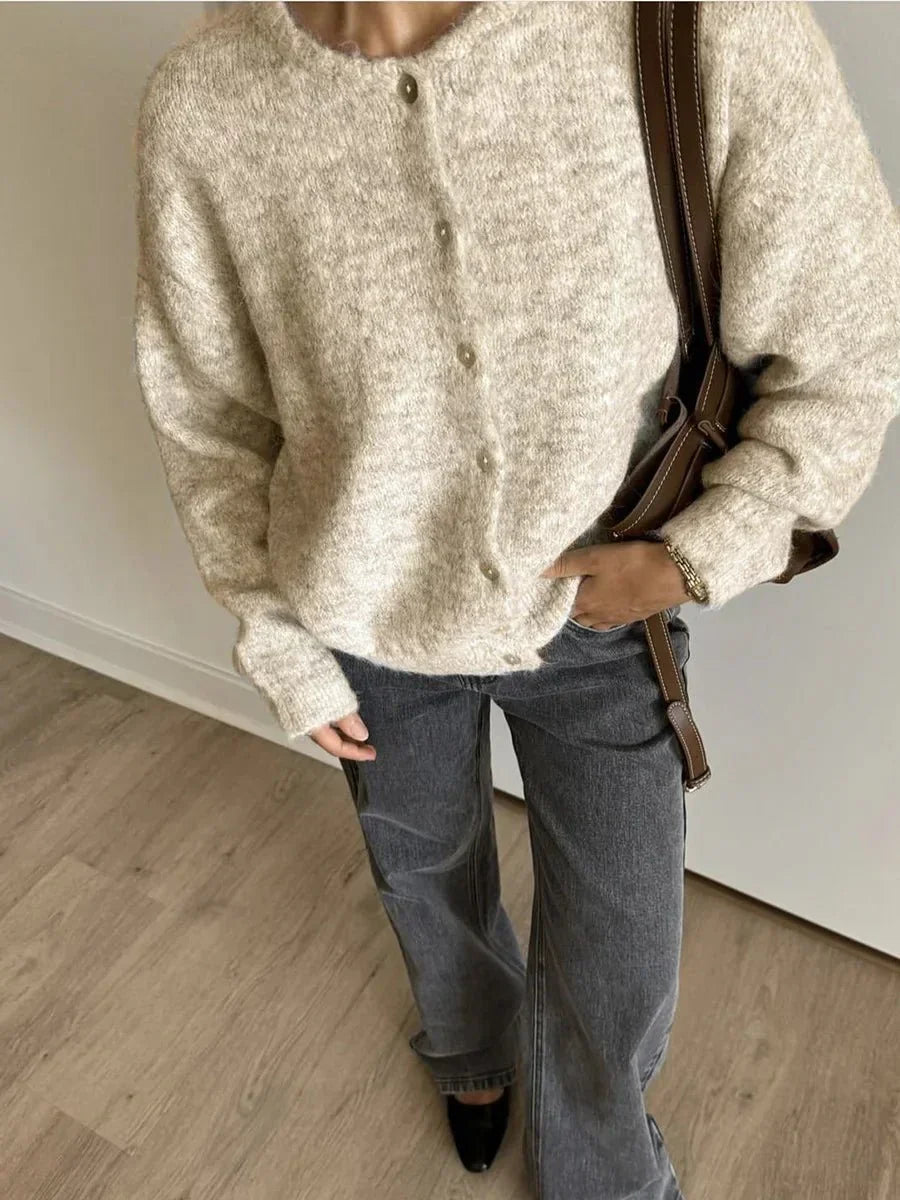 Damen Grobstrick Cardigan mit Rundhalsausschnitt und Knöpfen