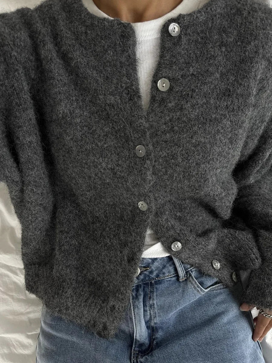 Damen Grobstrick Cardigan mit Rundhalsausschnitt und Knöpfen