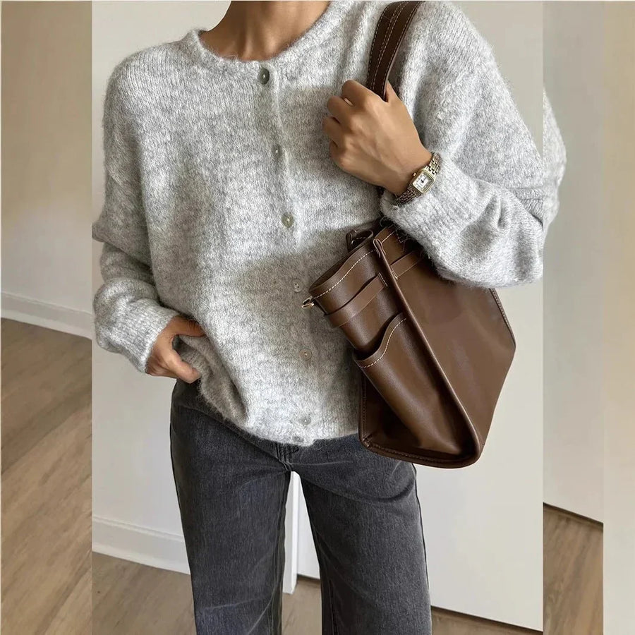 Damen Grobstrick Cardigan mit Rundhalsausschnitt und Knöpfen