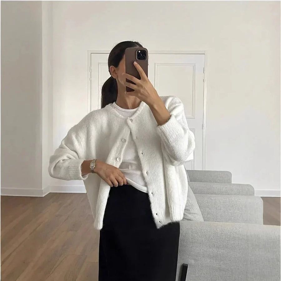 Damen Grobstrick Cardigan mit Rundhalsausschnitt und Knöpfen